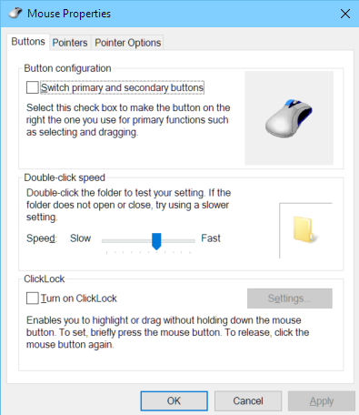 Windows 10's additional mouse options dialog.
