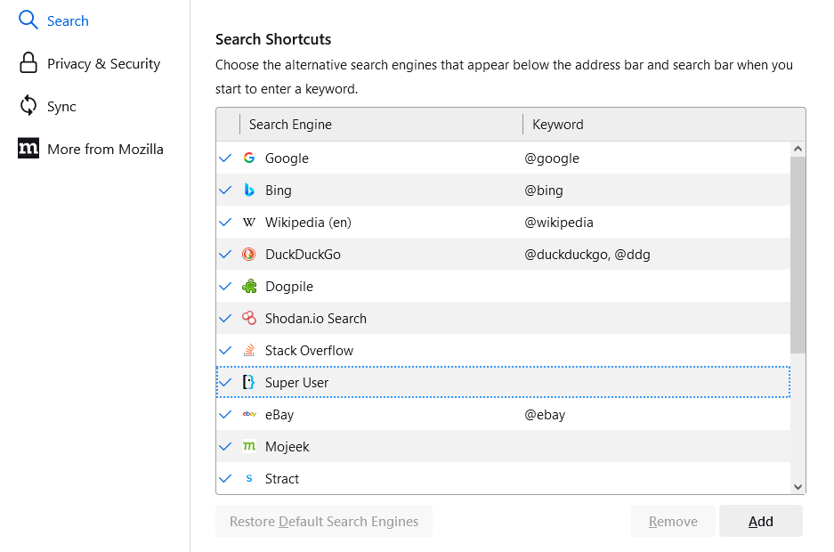Firefox search settings